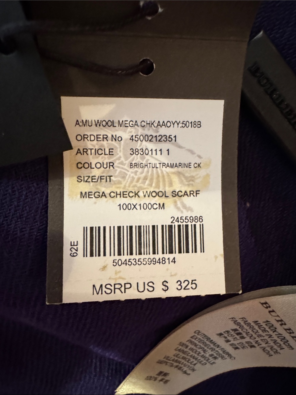 Burberry Blue & Purple Mega Check Wool Scarf Wrap 100cm x 100cm - NWT - Picture 3 of 10